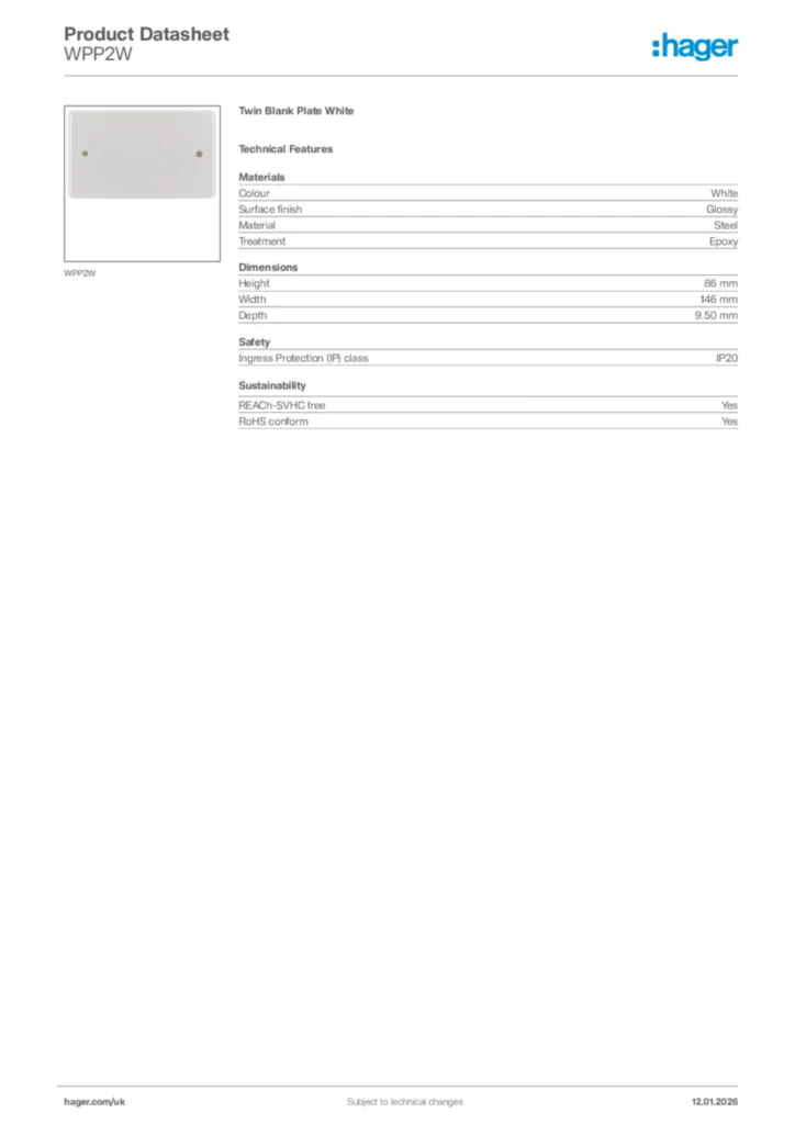 Image Hager Product data sheet WPP2W  | Hager