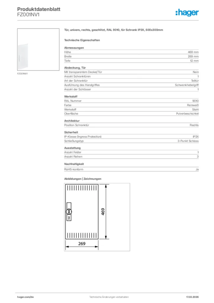 Bild Hager Produktdatenblatt FZ001NV1 | Hager Deutschland