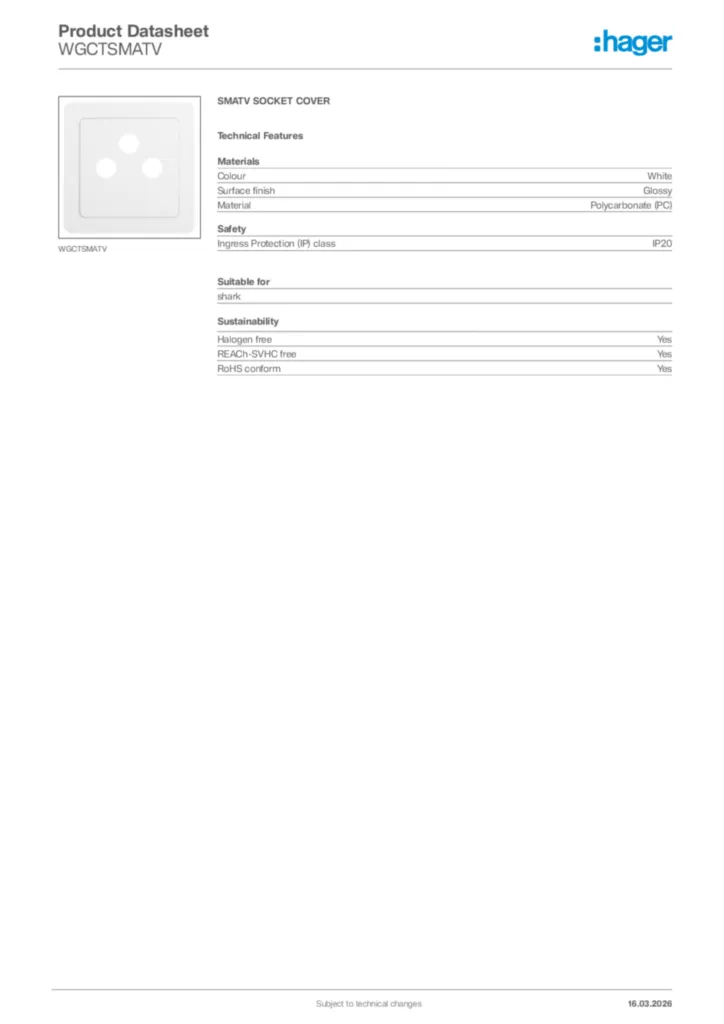 Image Hager Product data sheet WGCTSMATV  | Hager Africa