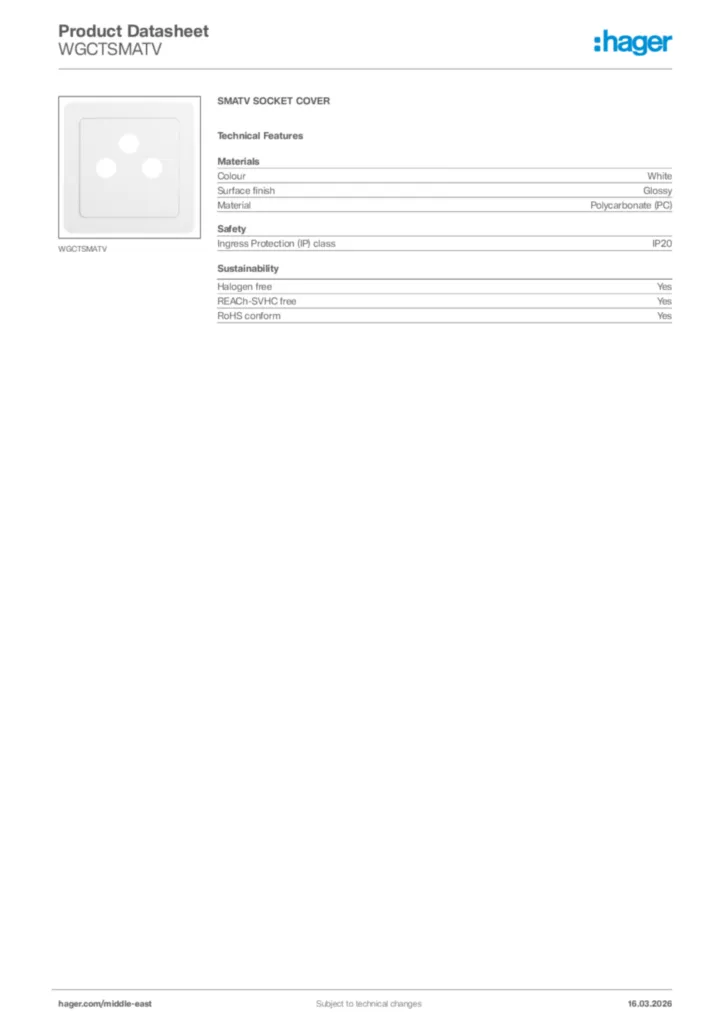 Image Hager Product data sheet WGCTSMATV  | Hager