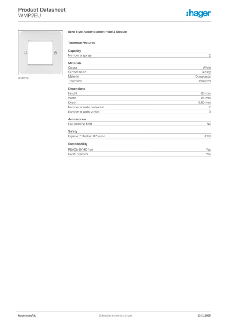 Image Hager Product data sheet WMP2EU  | Hager