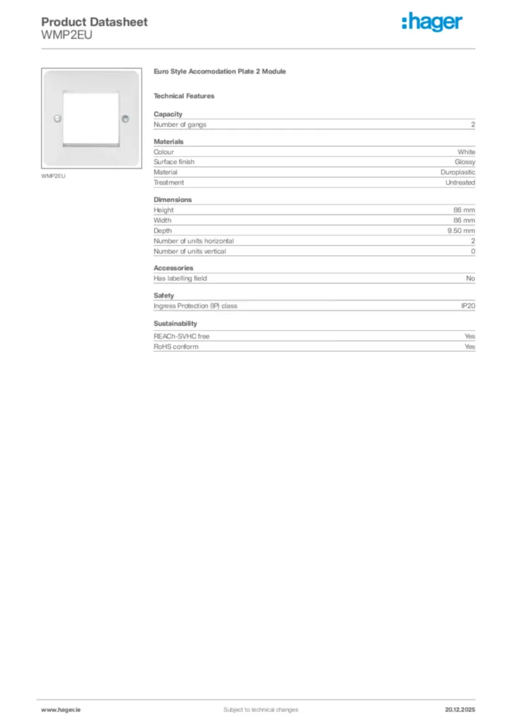 Image Hager Product data sheet WMP2EU  | Hager