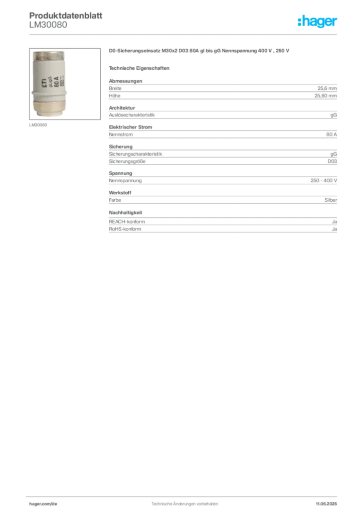 Bild Hager Produktdatenblatt LM30080 | Hager Deutschland