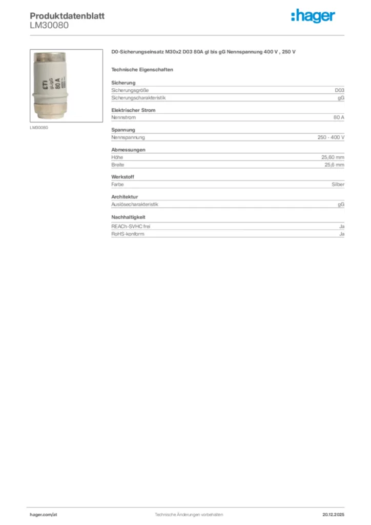Bild Hager Produktdatenblatt LM30080 | Hager Deutschland