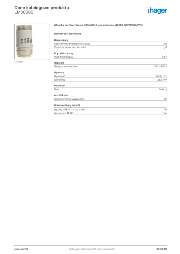 Zdjęcie Hager Dane katalogowe produktu LM30080 | Hager Polska