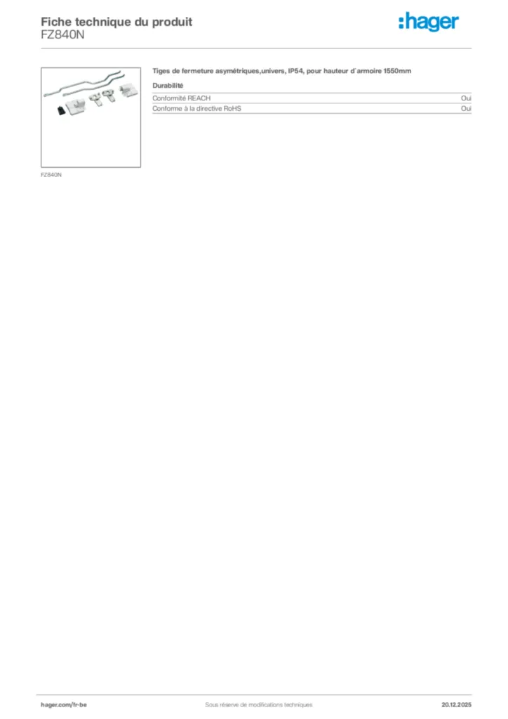 Image Hager Fiche technique du produit FZ840N | Hager Belgique