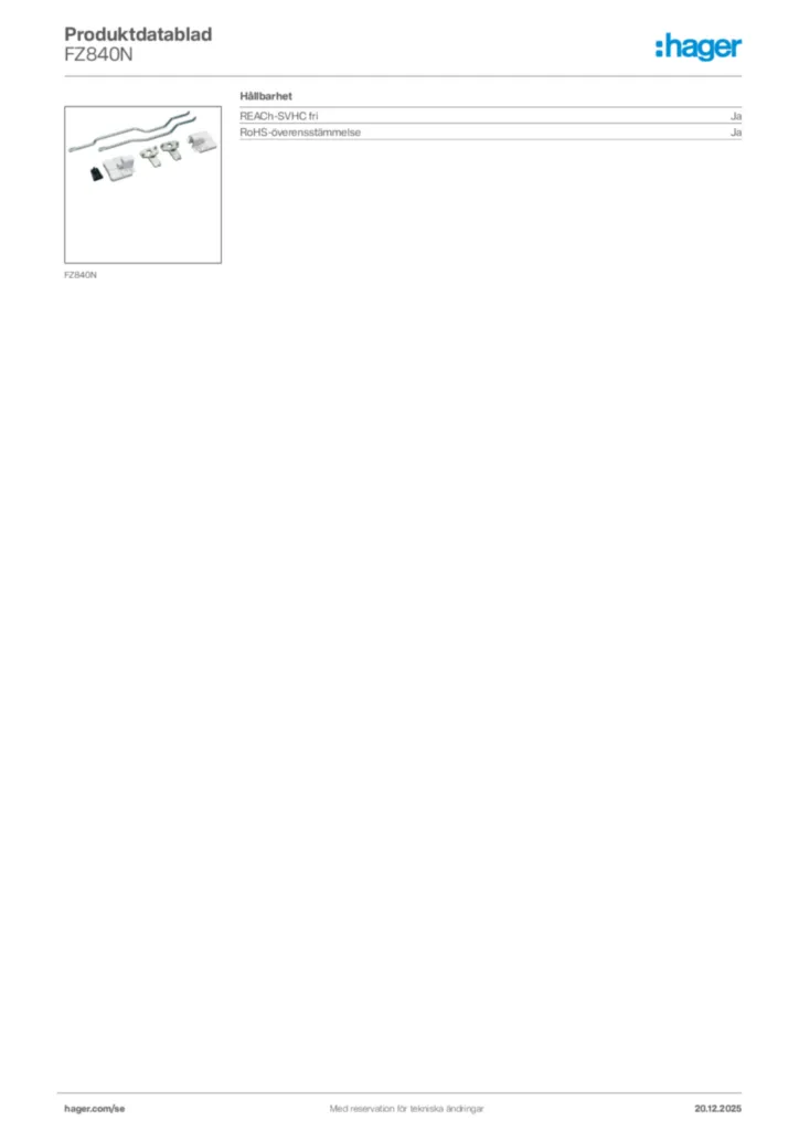 Bild Hager Produktdatablad FZ840N | Hager Sverige