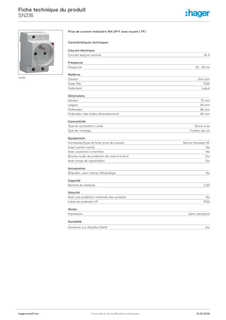 Image Hager Fiche technique du produit SN316 | Hager Belgique