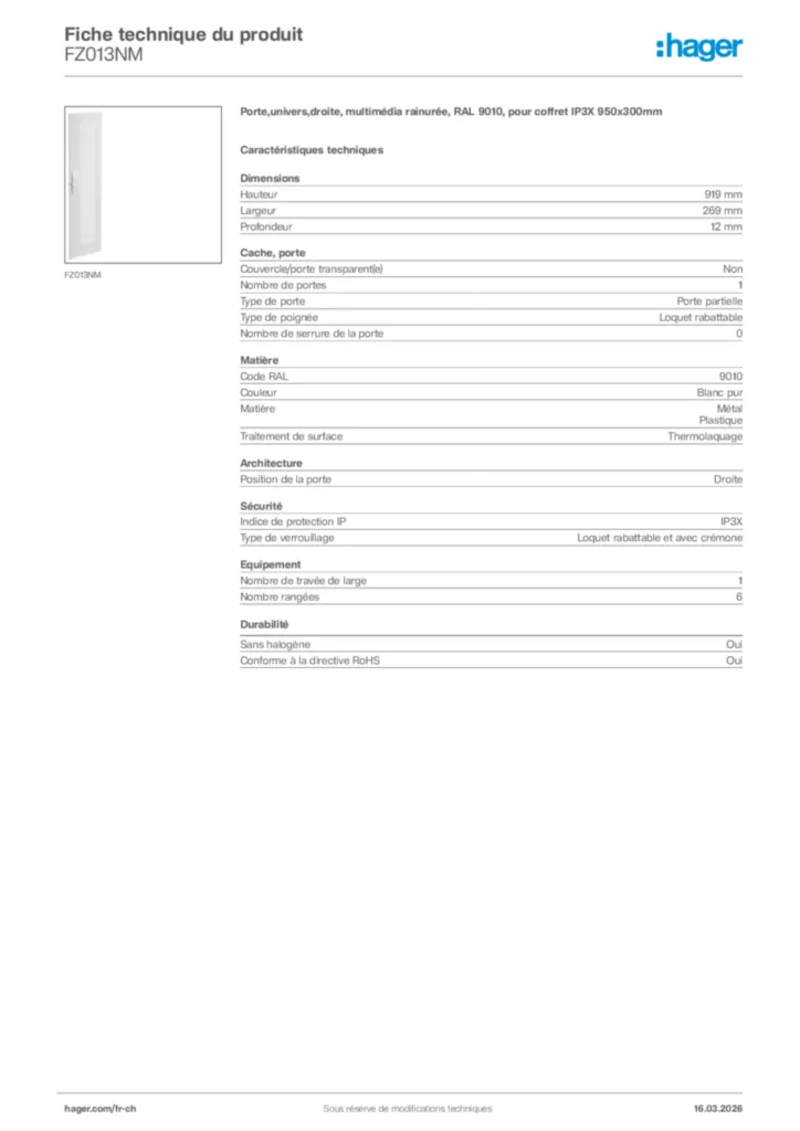 Image Hager Fiche technique du produit FZ013NM | Hager Suisse