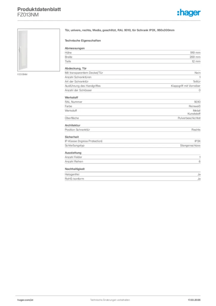 Bild Hager Produktdatenblatt FZ013NM | Hager Deutschland