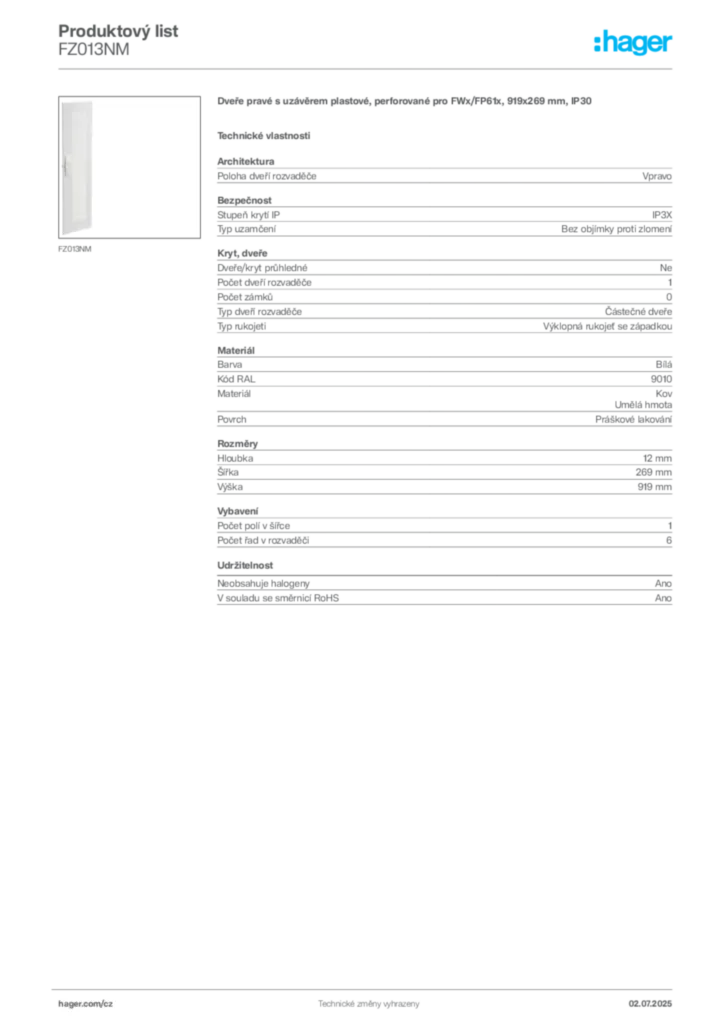 Obrázek Hager Produktový list FZ013NM | Hager
