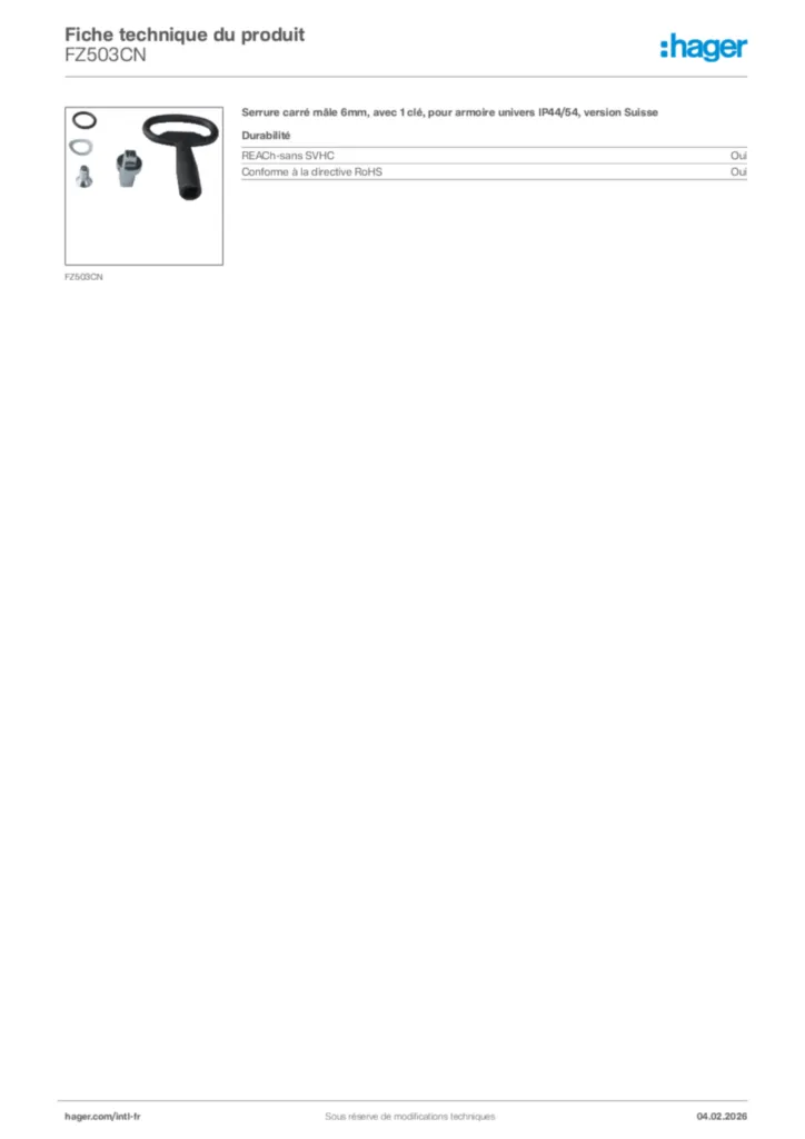 Image Hager Fiche technique du produit FZ503CN | Hager Afrique