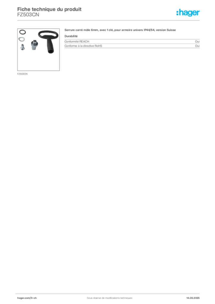 Image Hager Fiche technique du produit FZ503CN | Hager Suisse