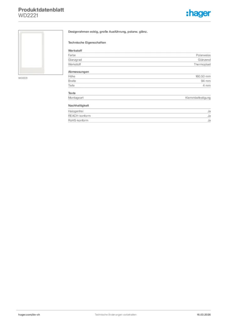 Bild Hager Produktdatenblatt WD2221 | Hager Schweiz