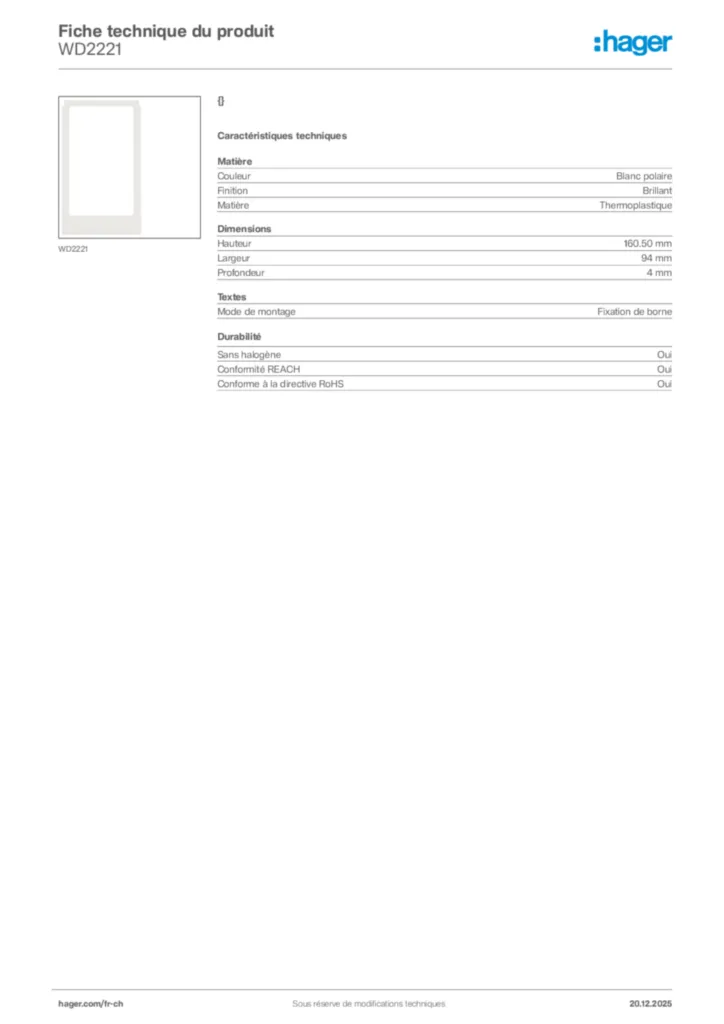 Image Hager Fiche technique du produit WD2221 | Hager Suisse