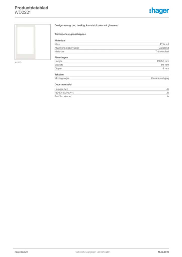 Afbeelding Hager Productdatablad WD2221 | Hager Nederland