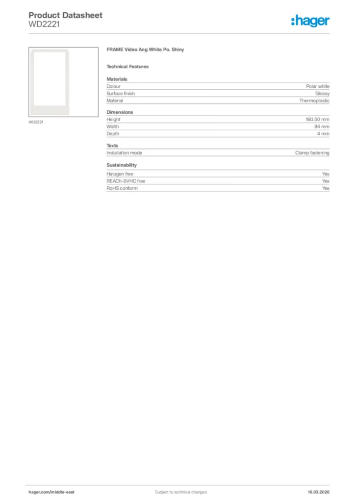 Image Hager Product data sheet WD2221  | Hager