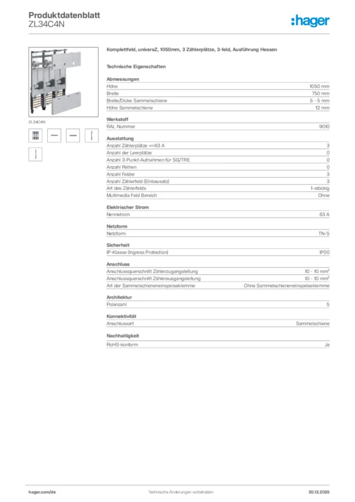 Bild Hager Produktdatenblatt ZL34C4N | Hager Deutschland