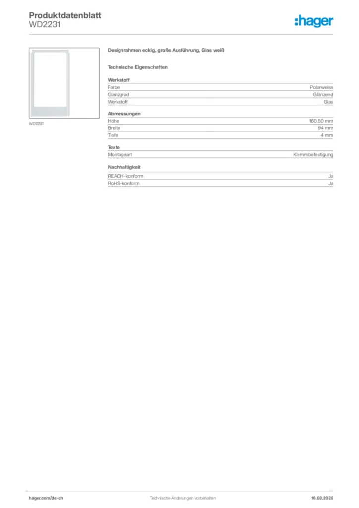 Bild Hager Produktdatenblatt WD2231 | Hager Schweiz