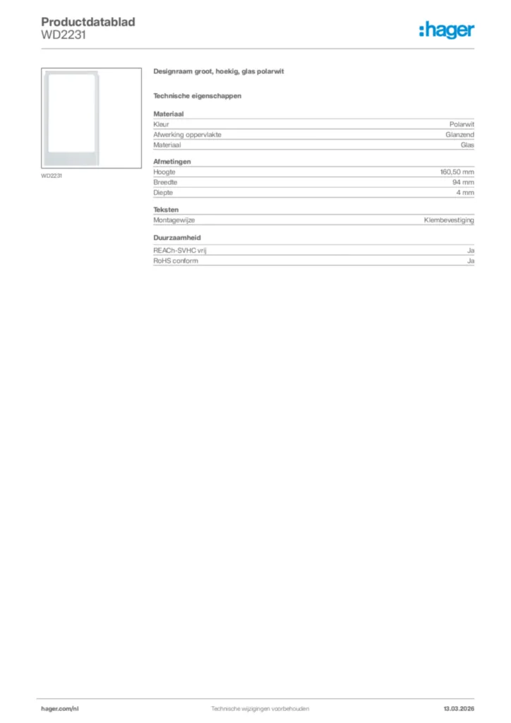 Afbeelding Hager Productdatablad WD2231 | Hager Nederland