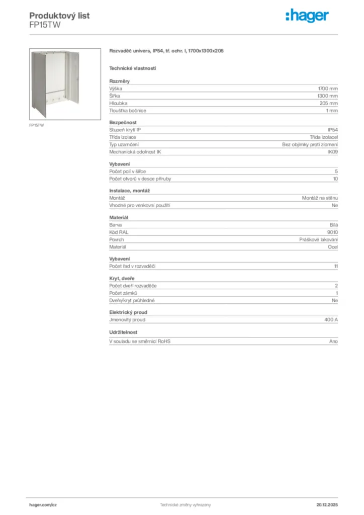 Obrázek Hager Produktový list FP15TW | Hager