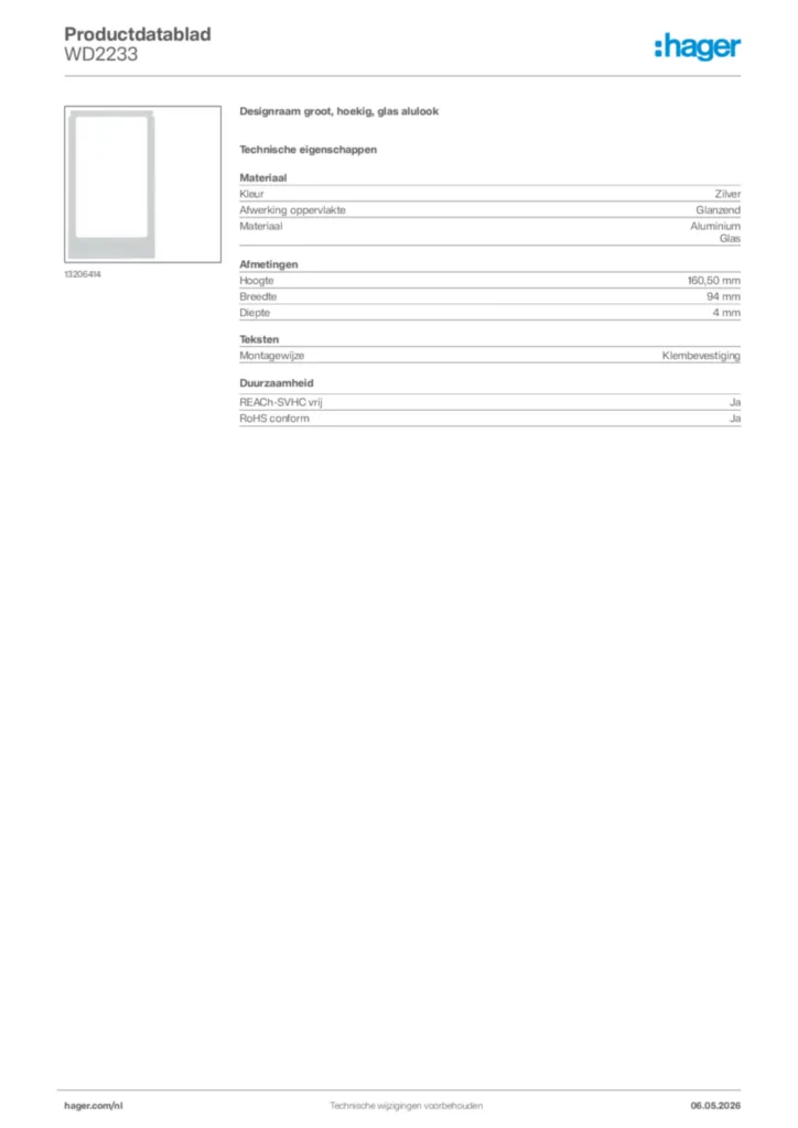 Afbeelding Hager Productdatablad WD2233 | Hager Nederland