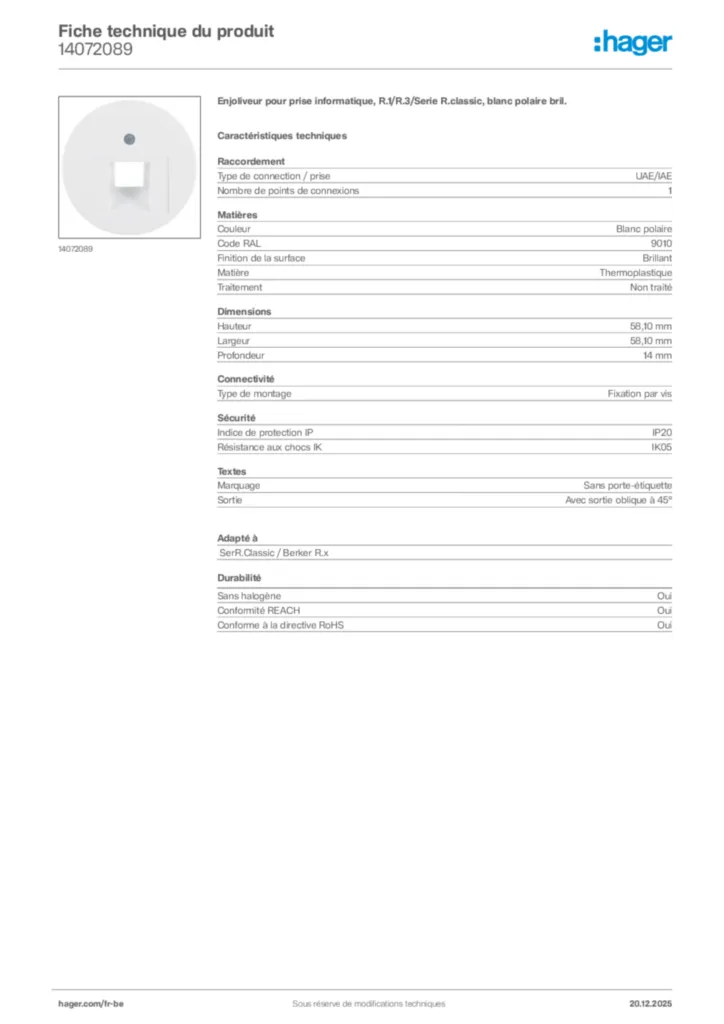 Image Hager Fiche technique du produit 14072089 | Hager Belgique