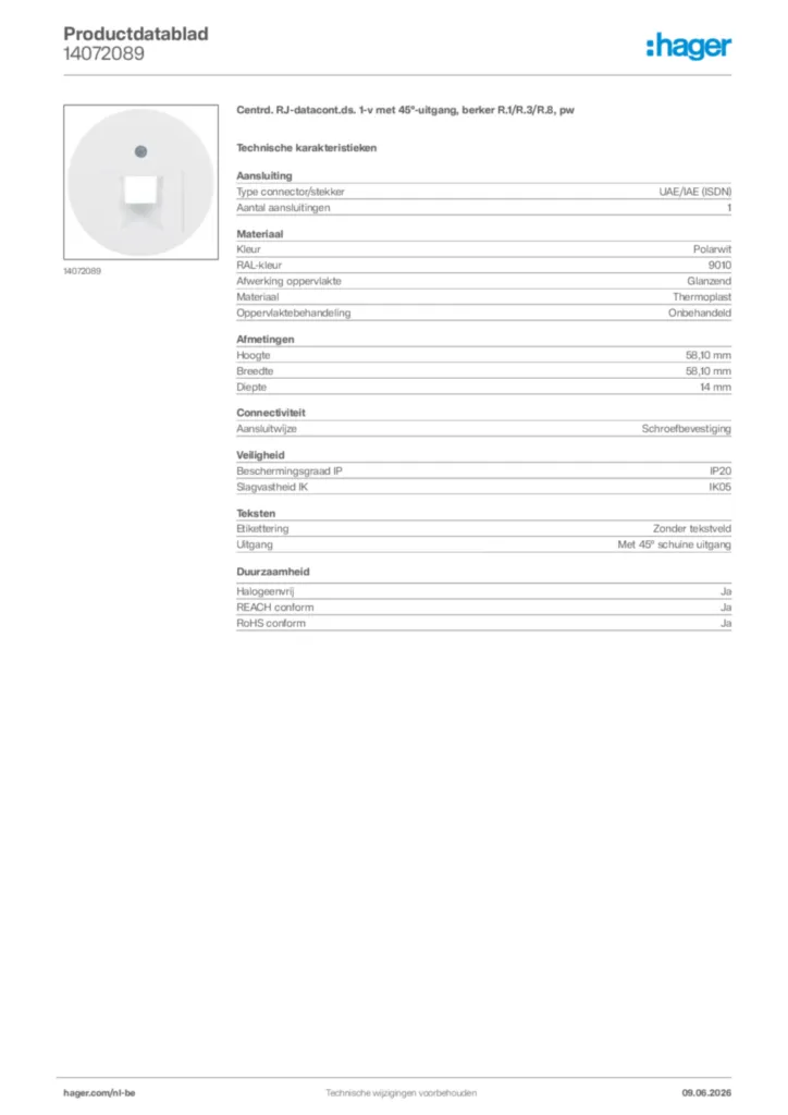 Afbeelding Hager Productdatablad 14072089 | Hager Belgium