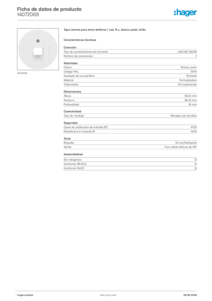 Imagen Hager Ficha de datos de producto 14072089 | Hager España