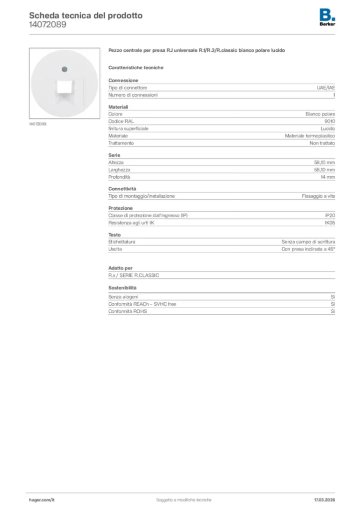 Immagine Berker Scheda tecnica del prodotto 14072089 | Hager Italia