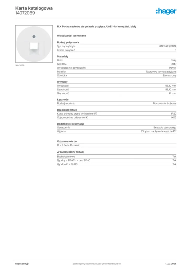 Zdjęcie Hager Karta katalogowa 14072089 | Hager Polska