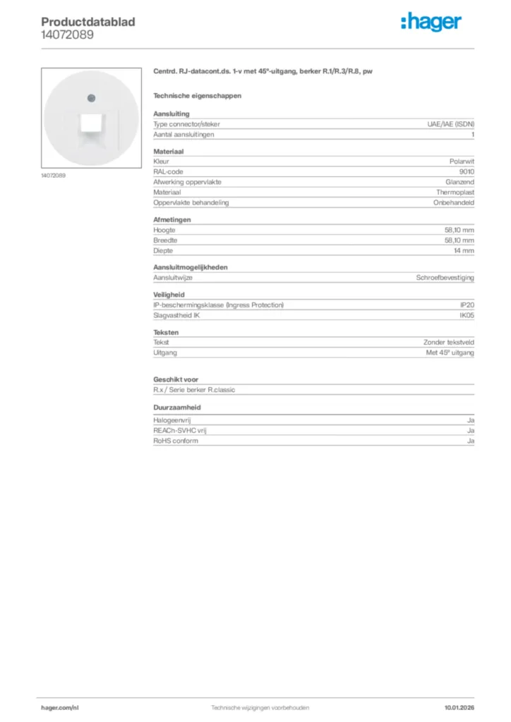Afbeelding Hager Productdatablad 14072089 | Hager Nederland