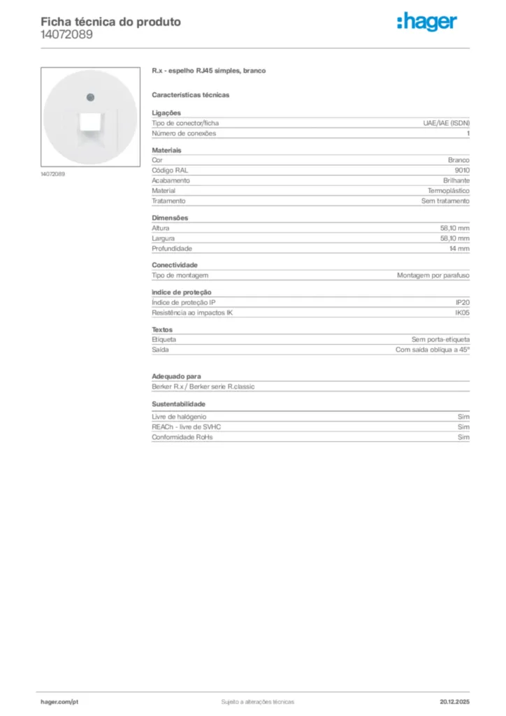 Imagem Hager Ficha técnica do produto 14072089 | Hager Portugal