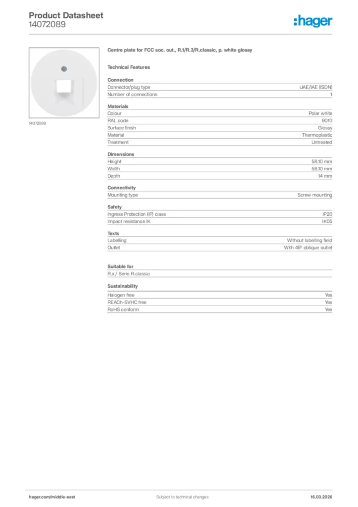 Image Hager Product data sheet 14072089  | Hager