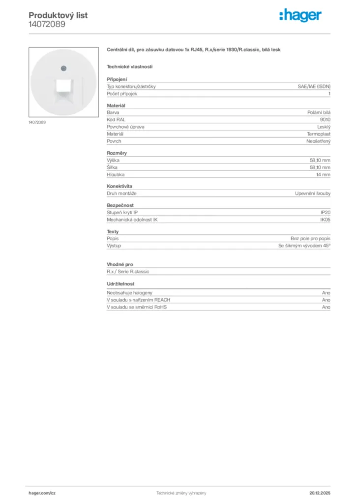 Obrázek Hager Produktový list 14072089 | Hager