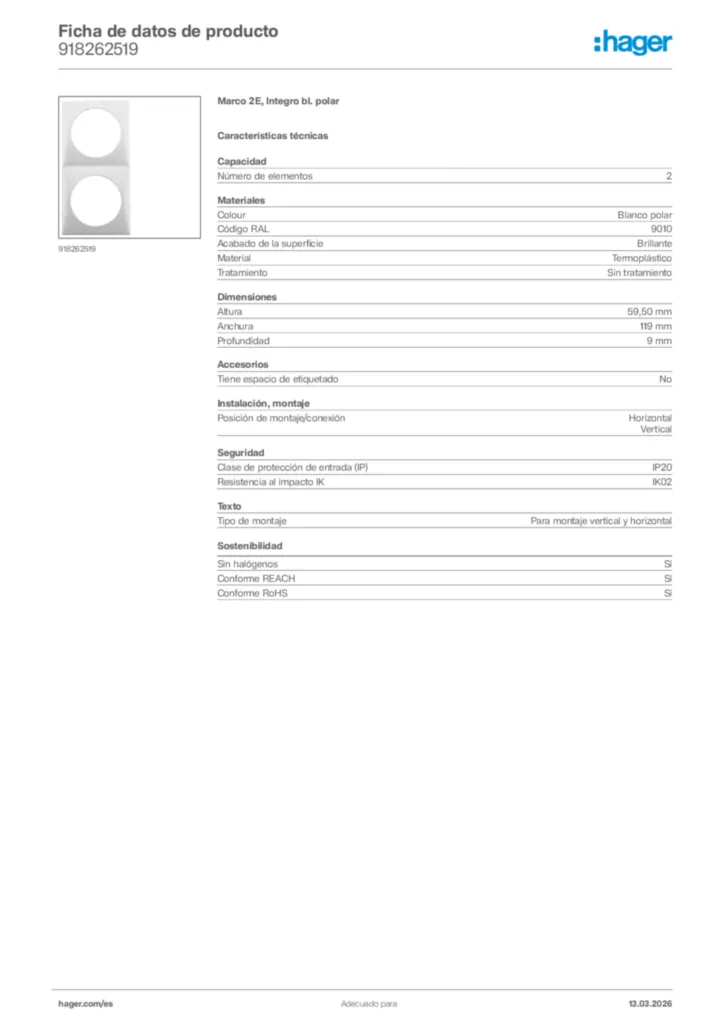 Imagen Hager Ficha de datos de producto 918262519 | Hager España