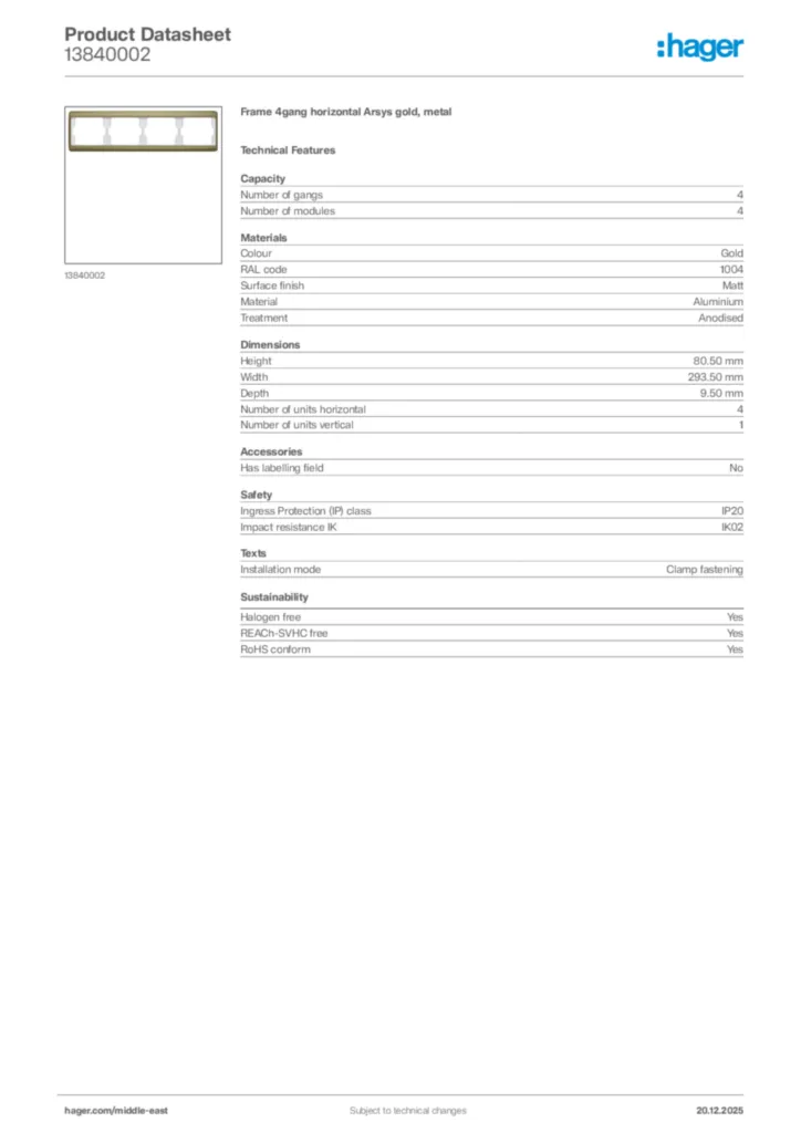 Image Hager Product data sheet 13840002  | Hager