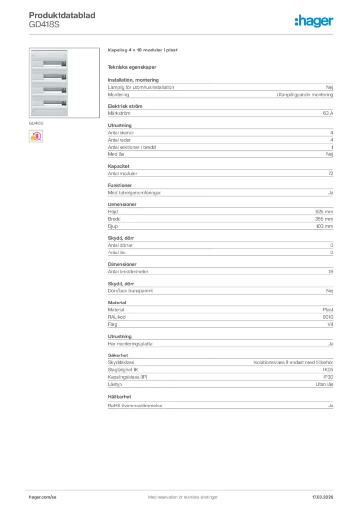 Bild Hager Produktdatablad GD418S | Hager Sverige