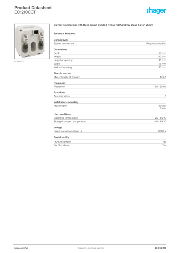 Image Hager Product data sheet EC12100CT  | Hager