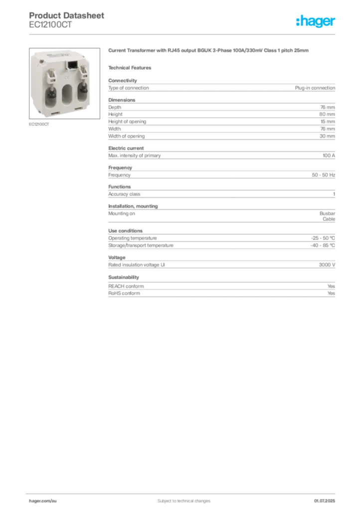 Image Hager Product data sheet EC12100CT  | Hager Australia