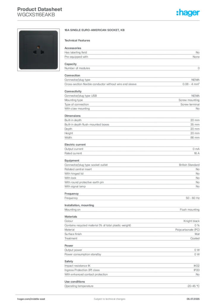 Image Hager Product data sheet WGCXS116EAKB  | Hager