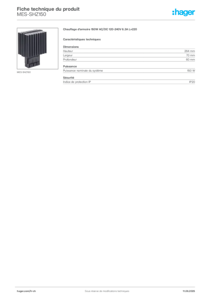 Image Hager Fiche technique du produit MES-SHZ150 | Hager Suisse
