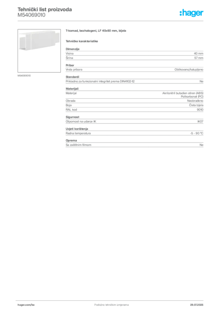 Slika Hager Product data sheet M54069010  | Hager
