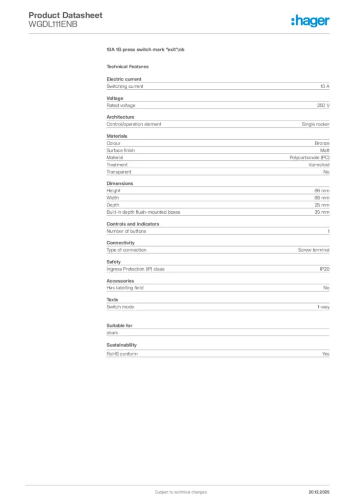 Image Hager Product data sheet WGDL111ENB  | Hager