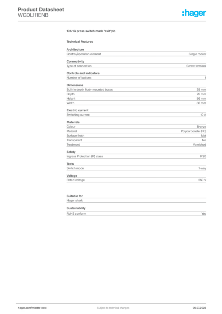 Image Hager Product data sheet WGDL111ENB  | Hager