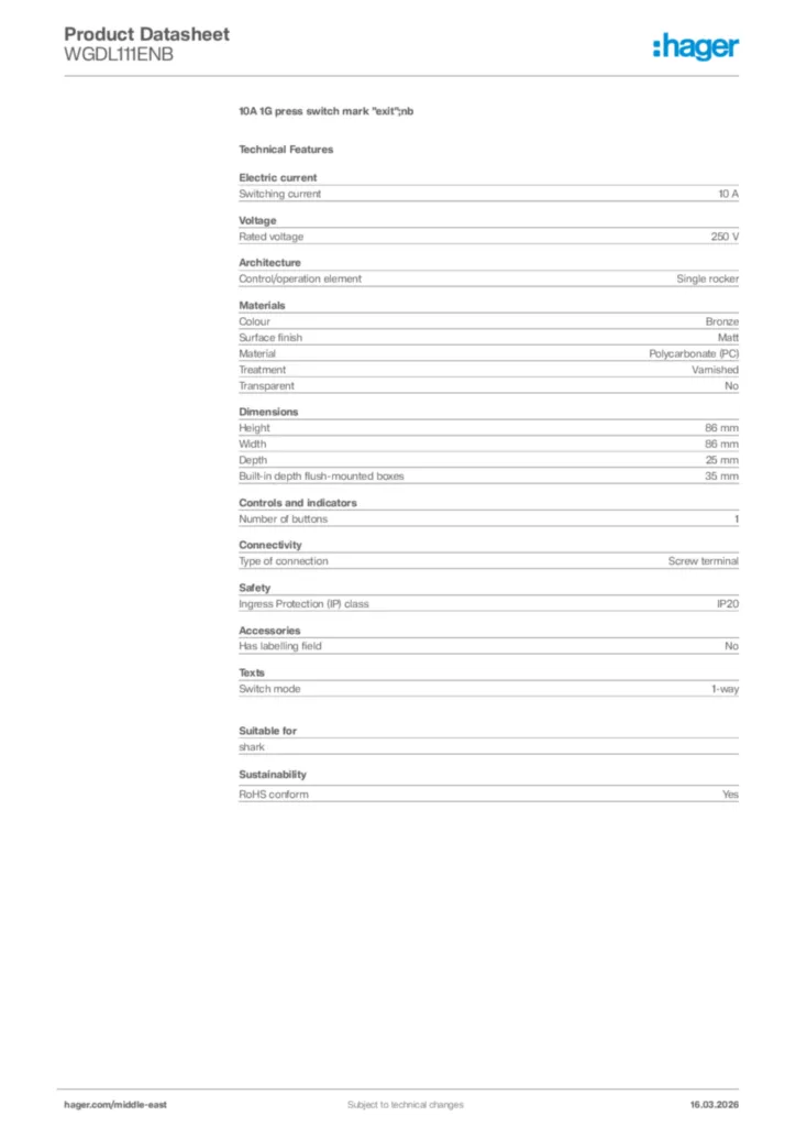 Image Hager Product data sheet WGDL111ENB  | Hager