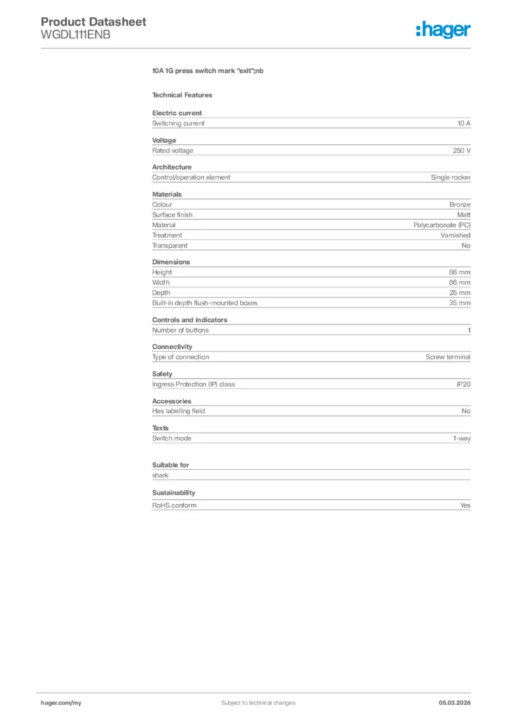 Image Hager Product data sheet WGDL111ENB  | Hager