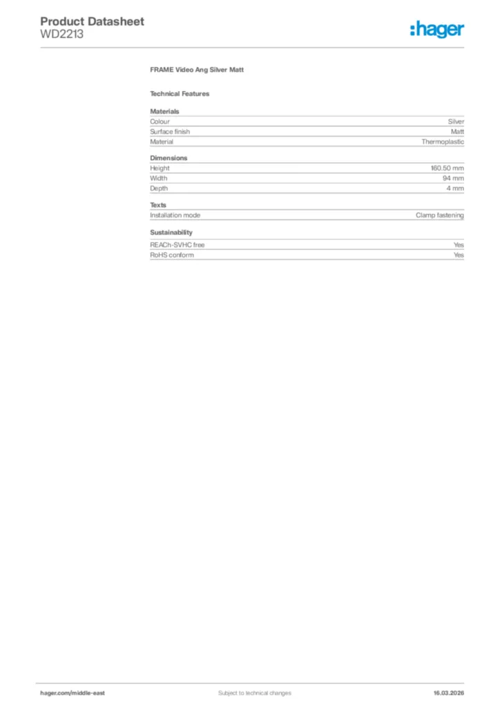 Image Hager Product data sheet WD2213  | Hager