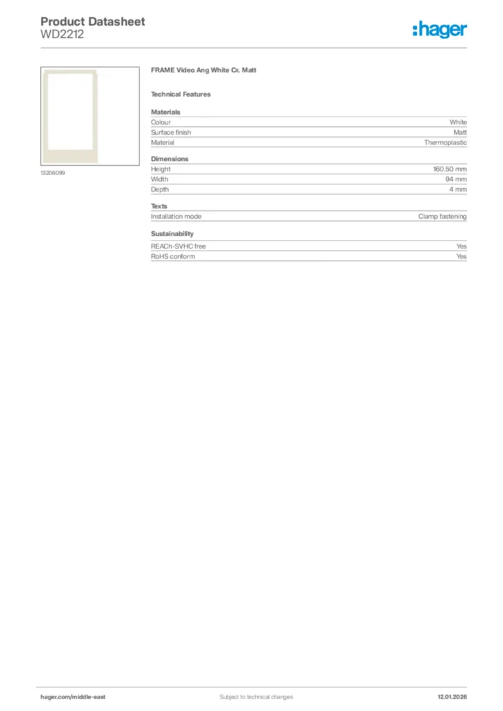 Image Hager Product data sheet WD2212  | Hager