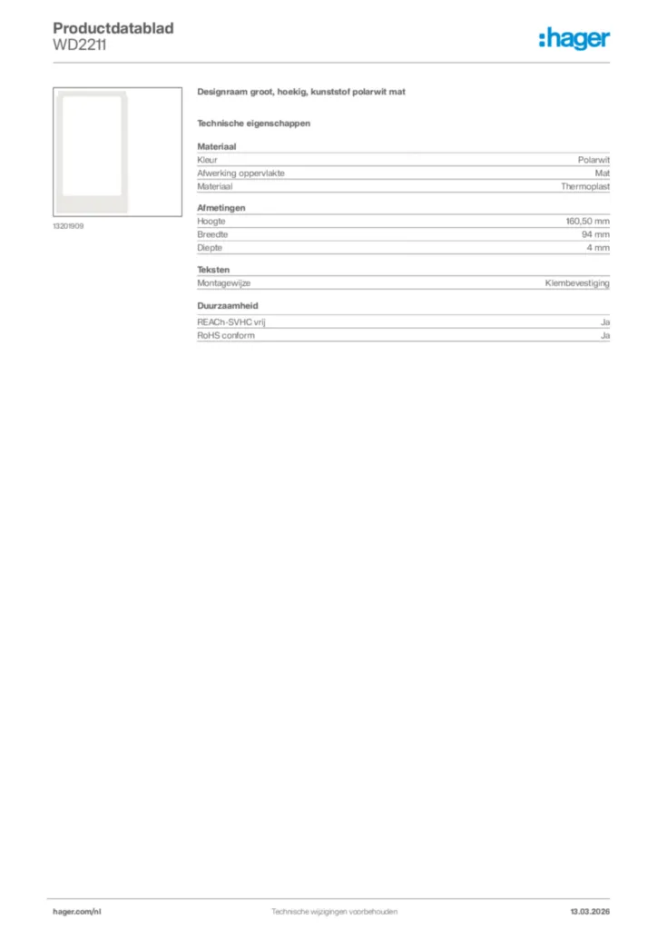 Afbeelding Hager Productdatablad WD2211 | Hager Nederland